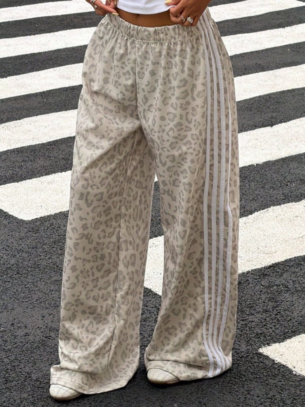 Multicolor Casual Women's Elastic Waist Wide Leg Cheetah Print Sweatpants